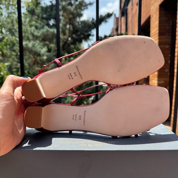 New Reformation Sally Bow Heeled Sandal Mule Shoes Red Scarlet Patent 9.5 - Picture 7 of 15